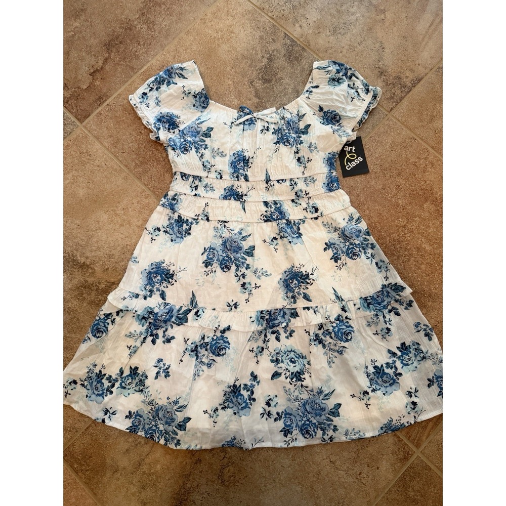 Girls' Art Class White & Blue Floral Smocked Bodice Puff Sleeve Dress Size Large